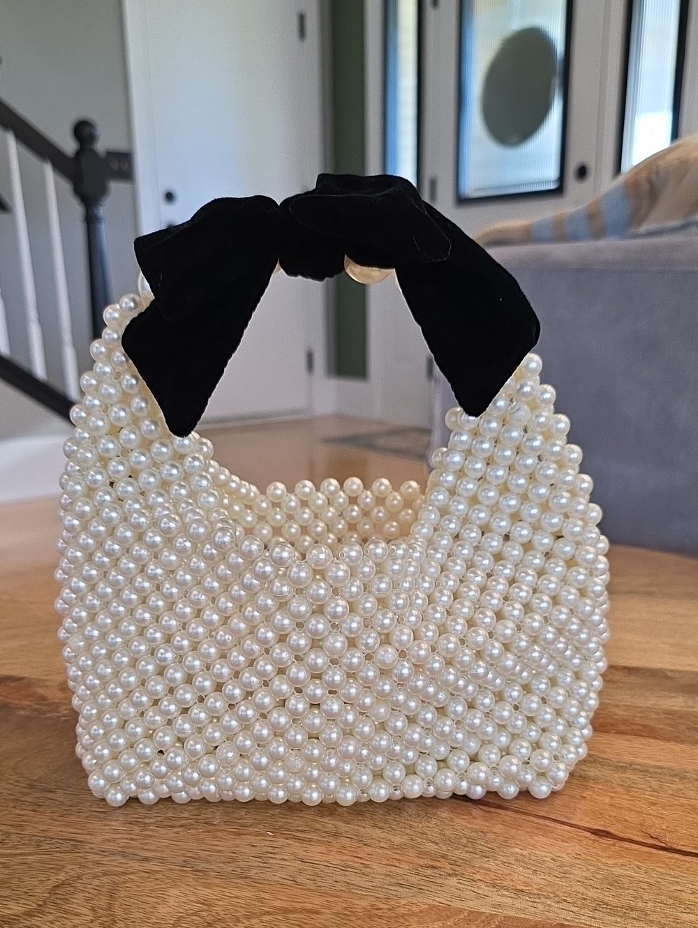 a new day Pearl Beaded Mini Bag with Black Velvet Bow